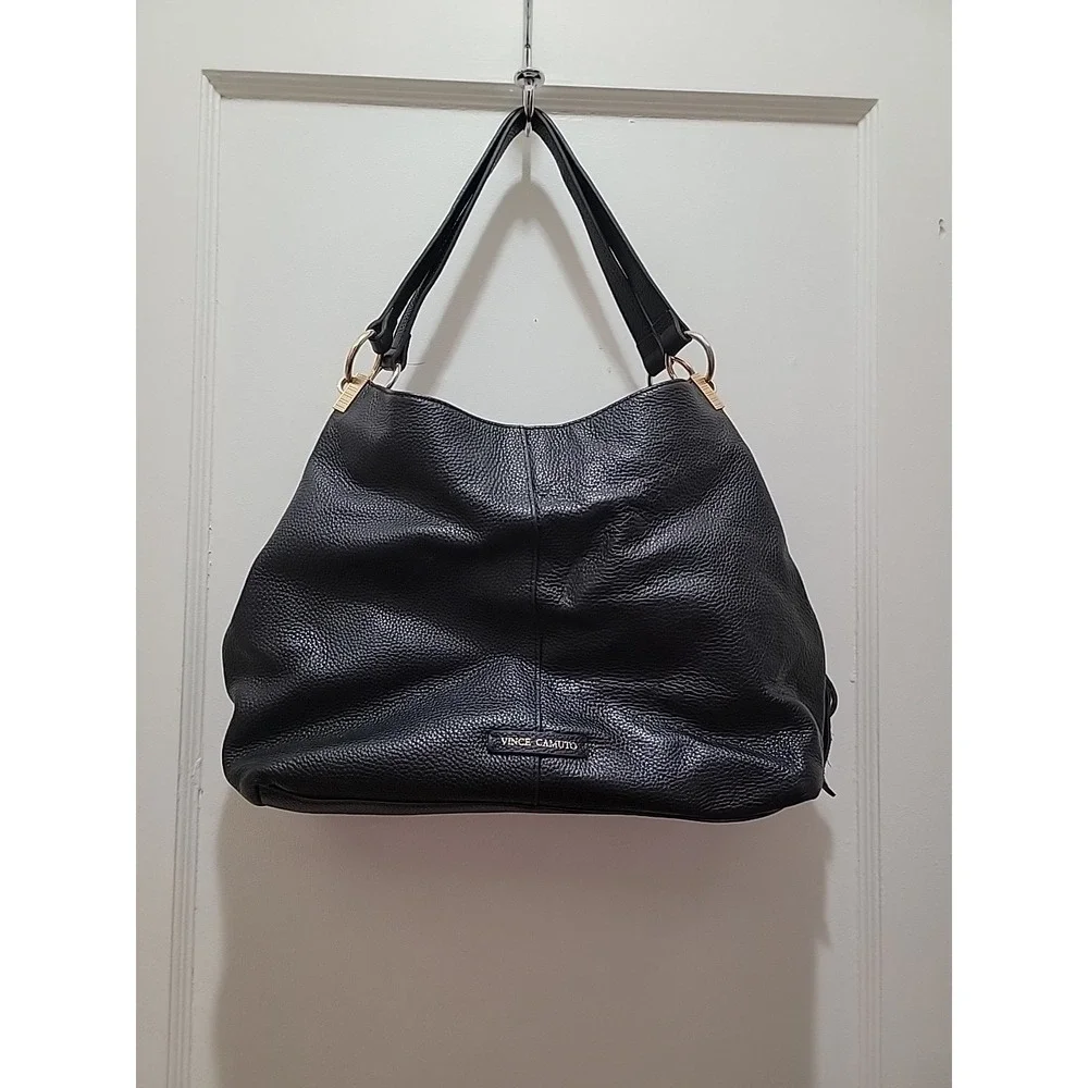 Vince Camuto Hobo Bag in Black Pebbled Leather Handbag Purse.  Gold Hardware